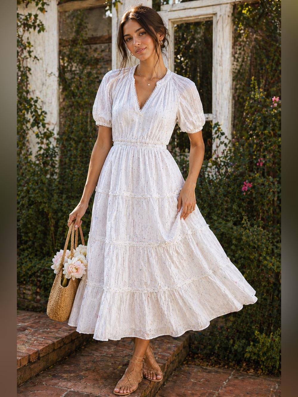 Betsey Johnson Spectator White Tiered Midi Dress. Prairie Cottagecore Confetti